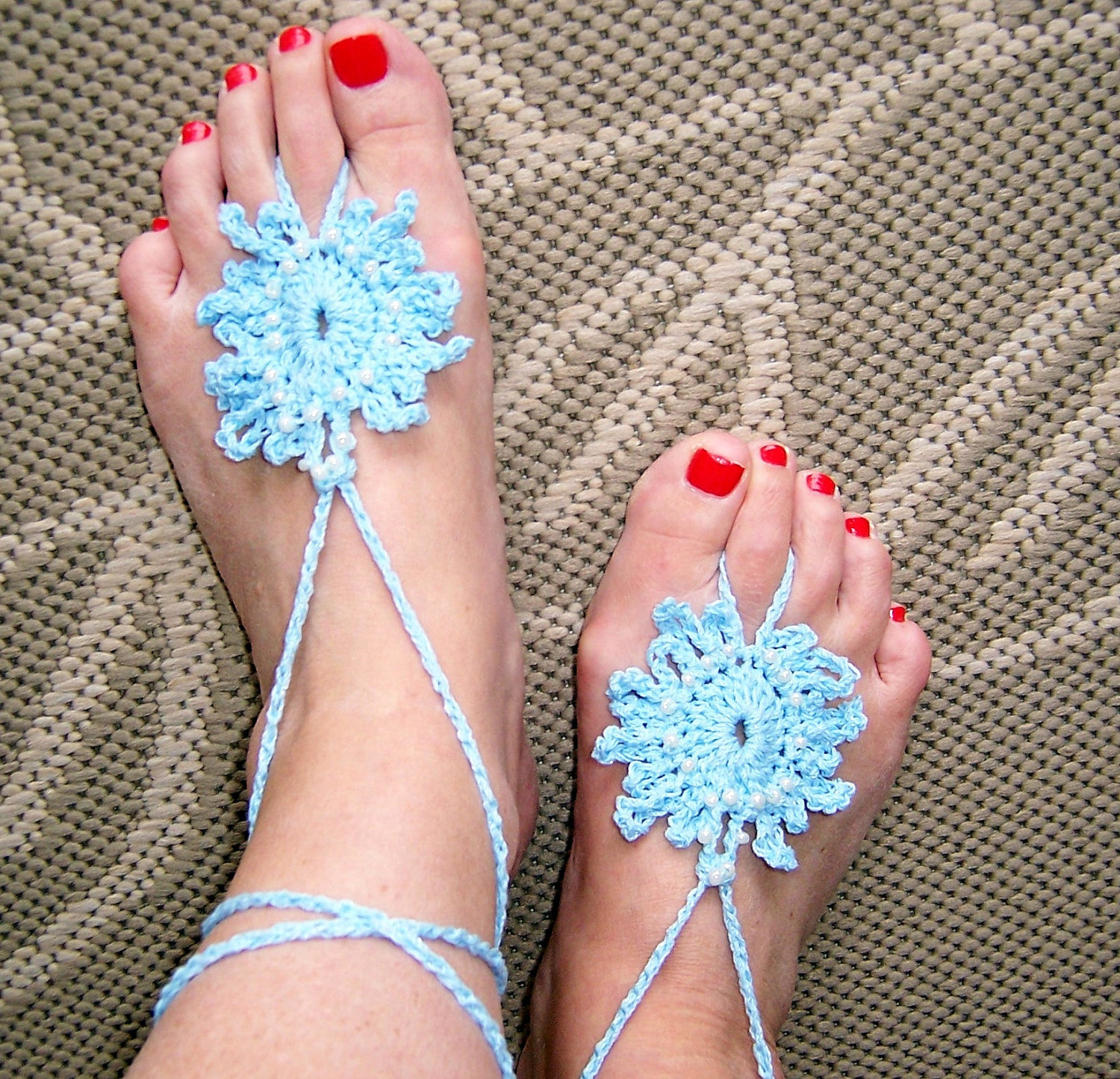 Barefoot Sandals Light Blue Beaded Pearl Crochet Beach Wear Nude